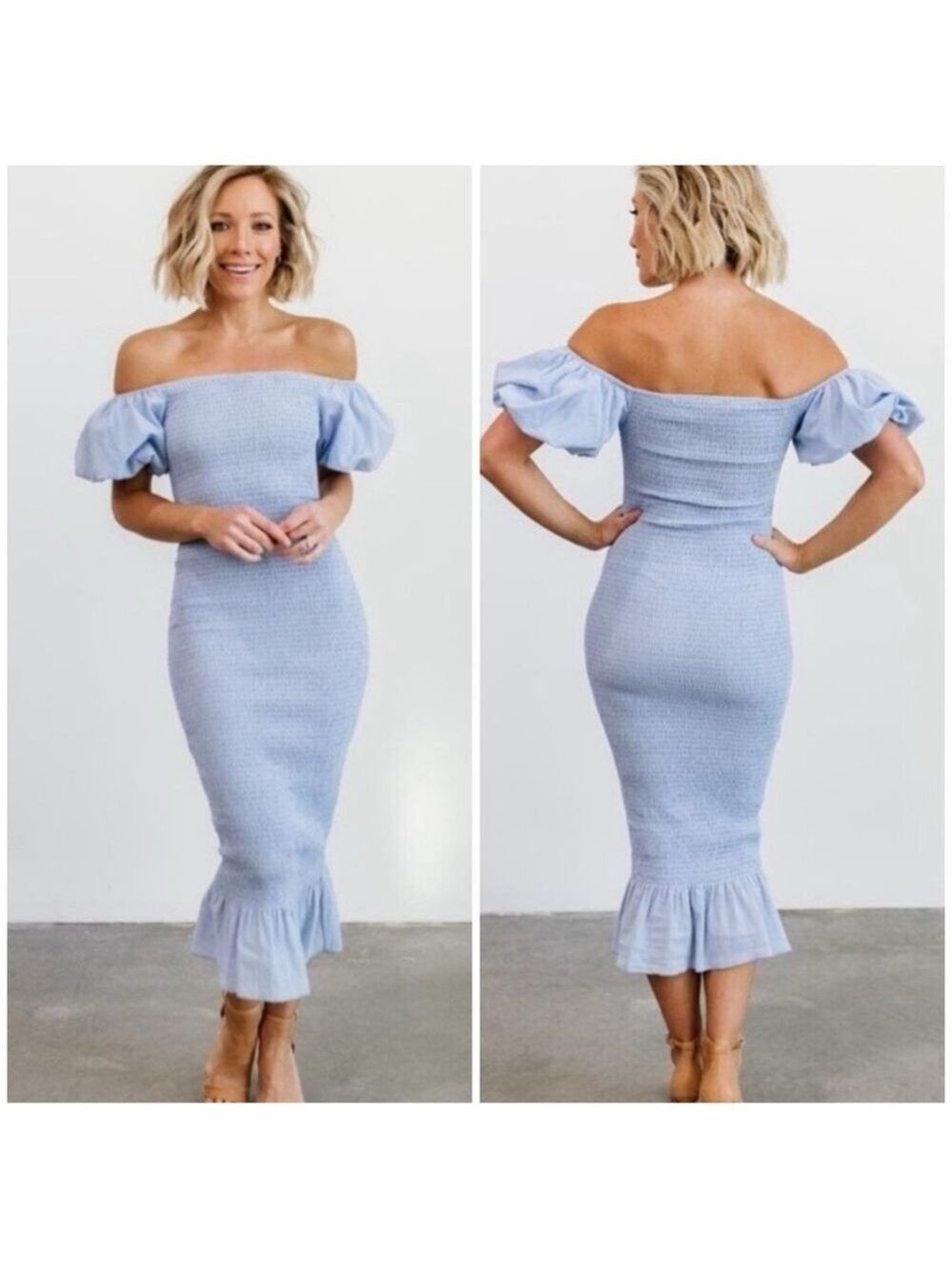 Baltic Born Alana Smocked Off The Shoulder Midi Dress in Blue